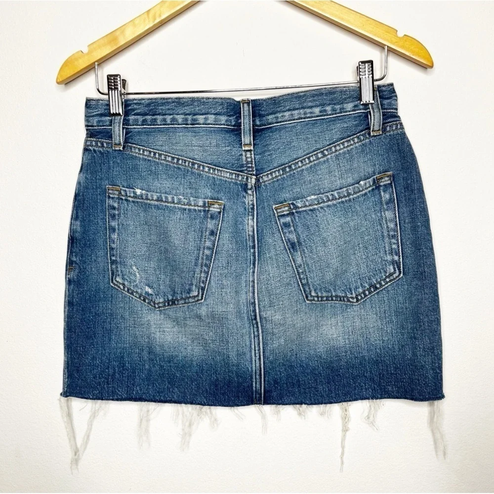 Frame Distressed Raw Hem Denim Skirt